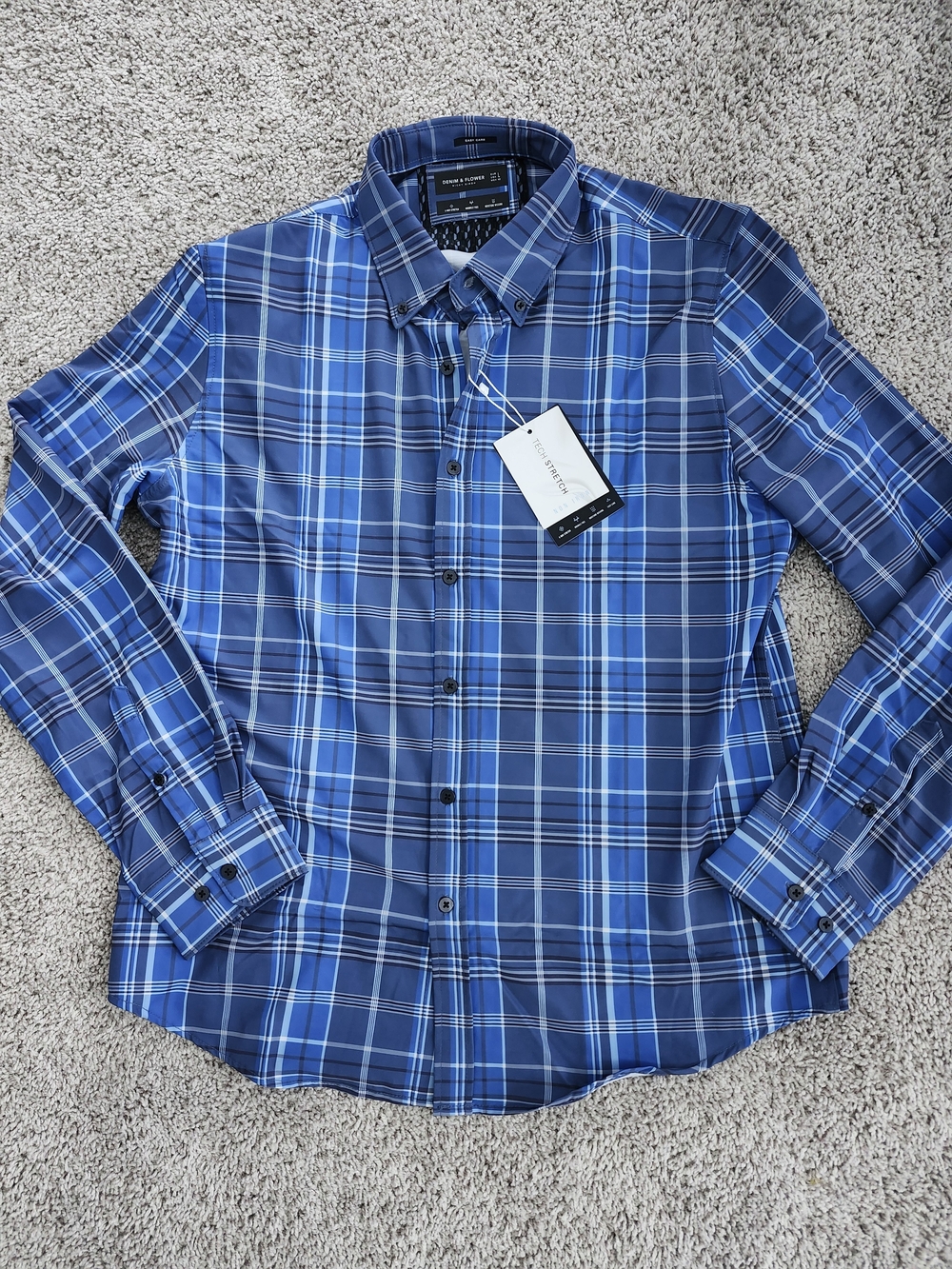 Denim & Flower Men’s Blue Plaid Button-Down Shirt Non Iron Tech Stretch LARGE